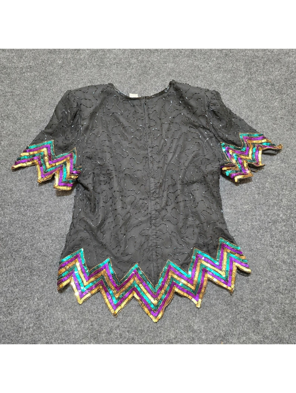 Vintage SCALA Silk Beaded Blouse M Mardi Gras Sequins Chevron Zig Zag Top Y2K